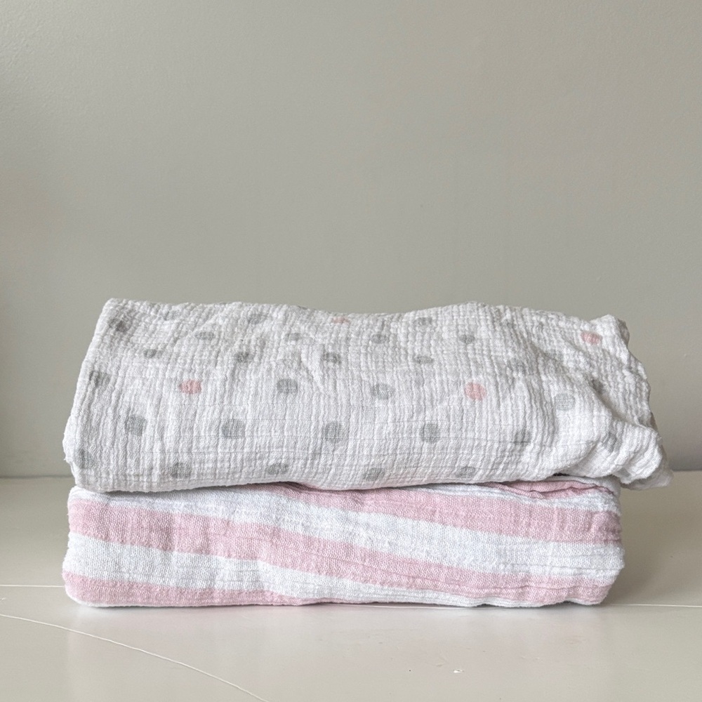 Aden + Anais Muslin Swaddles Pink & Grey Polka Dot Stripe 2 Blanket Set